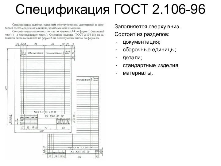 Спецификация ГОСТ 2.106-96 Заполняется сверху вниз. Состоит из разделов: документация; сборочные единицы; детали; стандартные изделия; материалы.