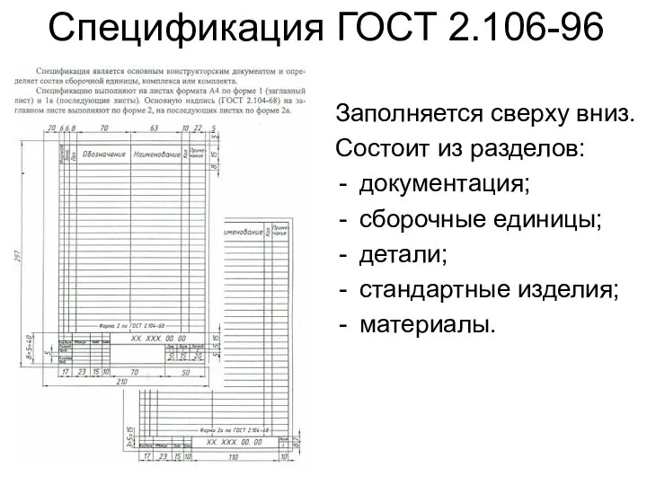 Спецификация ГОСТ 2.106-96 Заполняется сверху вниз. Состоит из разделов: документация; сборочные единицы; детали; стандартные изделия; материалы.