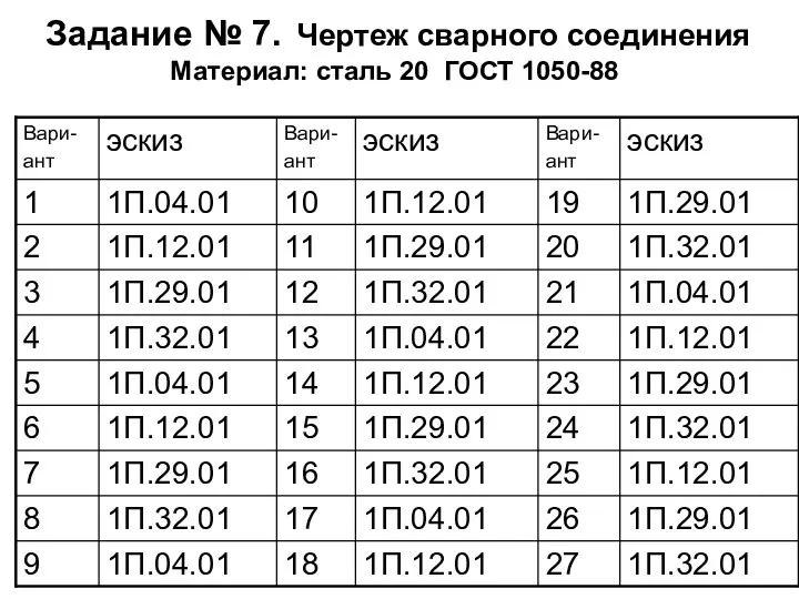 Задание № 7. Чертеж сварного соединения Материал: сталь 20 ГОСТ 1050-88