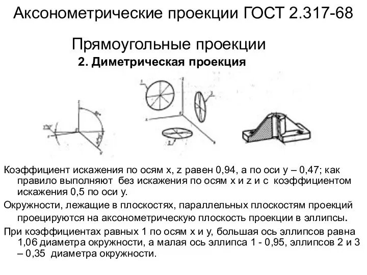 Аксонометрические проекции ГОСТ 2.317-68 Прямоугольные проекции 2. Диметрическая проекция Коэффициент искажения