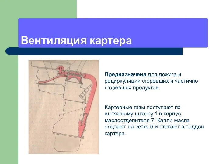 Вентиляция картера Предназначена для дожига и рециркуляции сгоревших и частично сгоревших