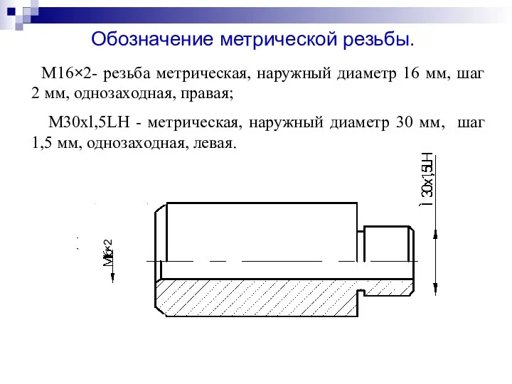 M16×2- резьба метрическая, наружный диаметр 16 мм, шаг 2 мм, однозаходная,