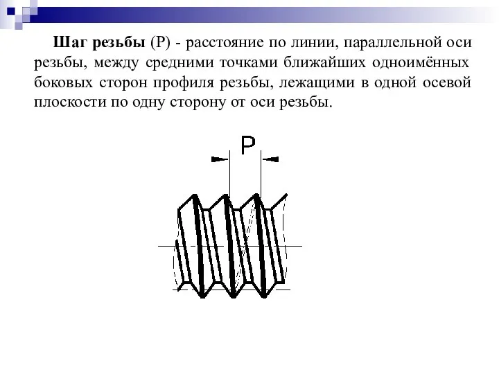 Шаг резьбы (Р) - расстояние по линии, параллельной оси резьбы, между