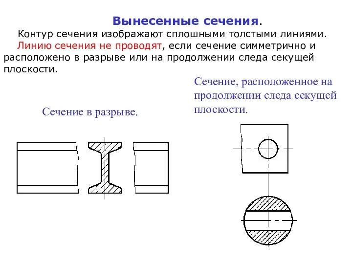 Вынесенные сечения. Контур сечения изображают сплошными толстыми линиями. Линию сечения не