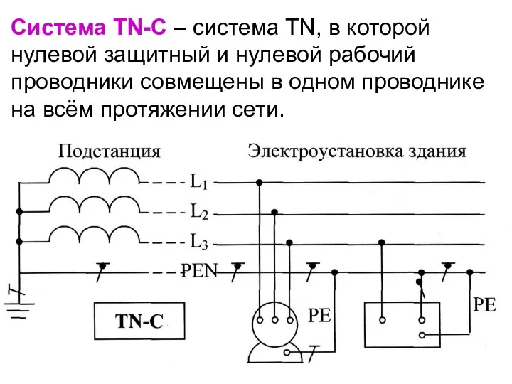 Система TN-C – система TN, в которой нулевой защитный и нулевой