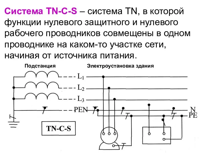 Система TN-С-S – система TN, в которой функции нулевого защитного и