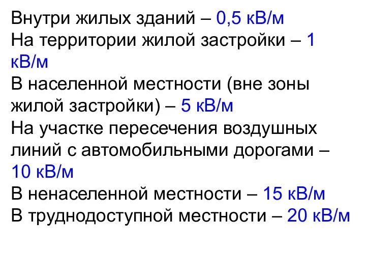 Внутри жилых зданий – 0,5 кВ/м На территории жилой застройки –