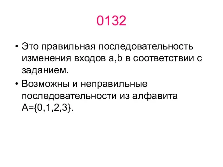 0132 Это правильная последовательность изменения входов a,b в соответствии с заданием.