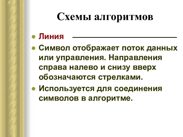 Схемы алгоритмов Линия Символ отображает поток данных или управления. Направления справа