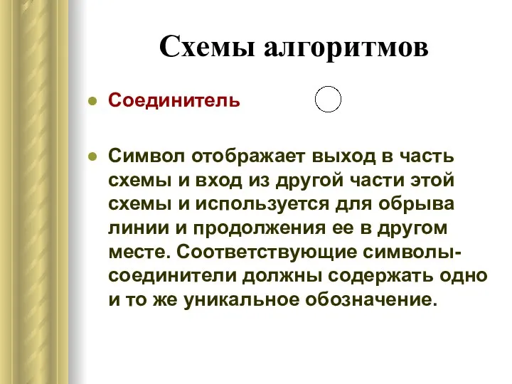 Схемы алгоритмов Соединитель Символ отображает выход в часть схемы и вход