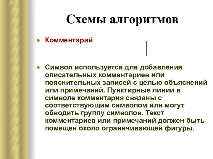 Схемы алгоритмов Комментарий Символ используется для добавления описательных комментариев или пояснительных