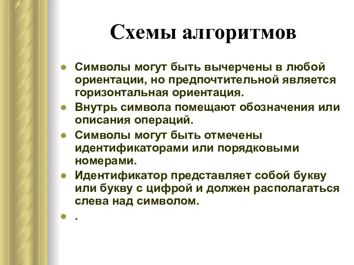 Схемы алгоритмов Символы могут быть вычерчены в любой ориентации, но предпочтительной