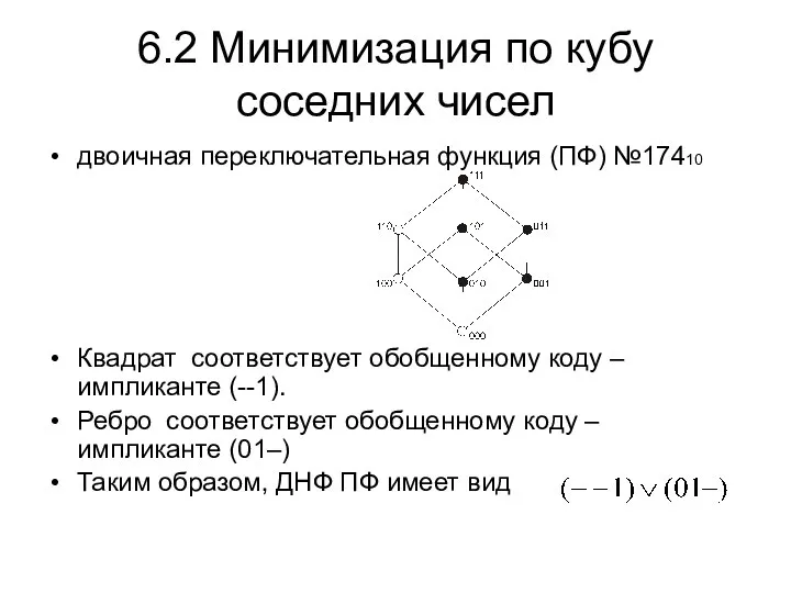 6.2 Минимизация по кубу соседних чисел двоичная переключательная функция (ПФ) №17410