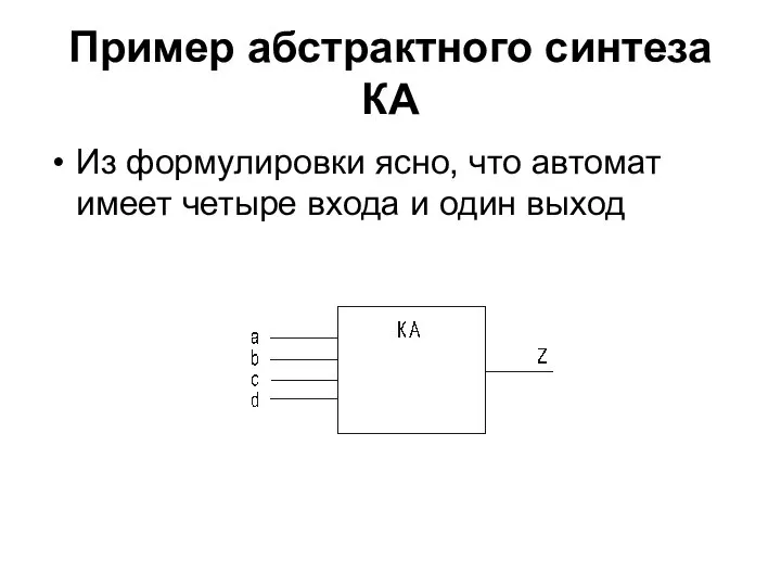 Пример абстрактного синтеза КА Из формулировки ясно, что автомат имеет четыре входа и один выход