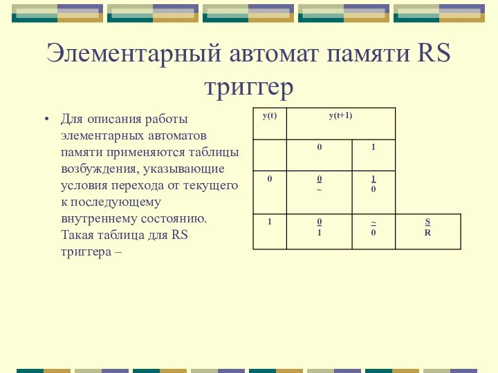 Элементарный автомат памяти RS триггер Для описания работы элементарных автоматов памяти