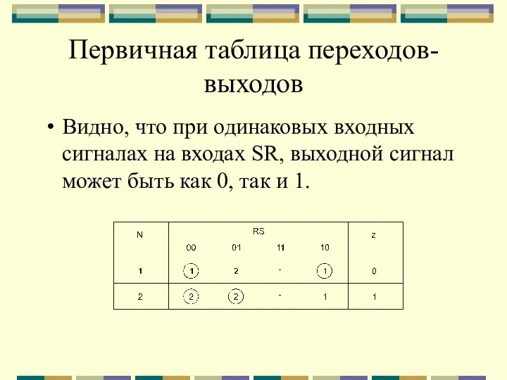 Первичная таблица переходов-выходов Видно, что при одинаковых входных сигналах на входах