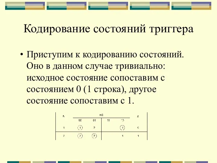 Кодирование состояний триггера Приступим к кодированию состояний. Оно в данном случае