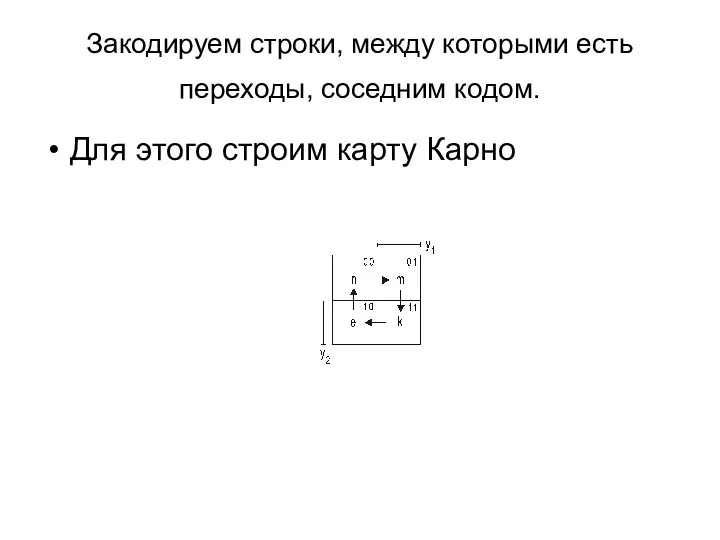 Закодируем строки, между которыми есть переходы, соседним кодом. Для этого строим карту Карно