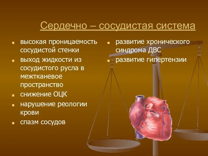 Сердечно – сосудистая система высокая проницаемость сосудистой стенки выход жидкости из