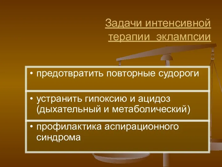 Задачи интенсивной терапии эклампсии предотвратить повторные судороги устранить гипоксию и ацидоз