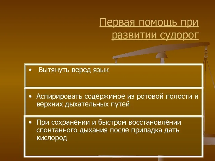 Первая помощь при развитии судорог Вытянуть веред язык Аспирировать содержимое из