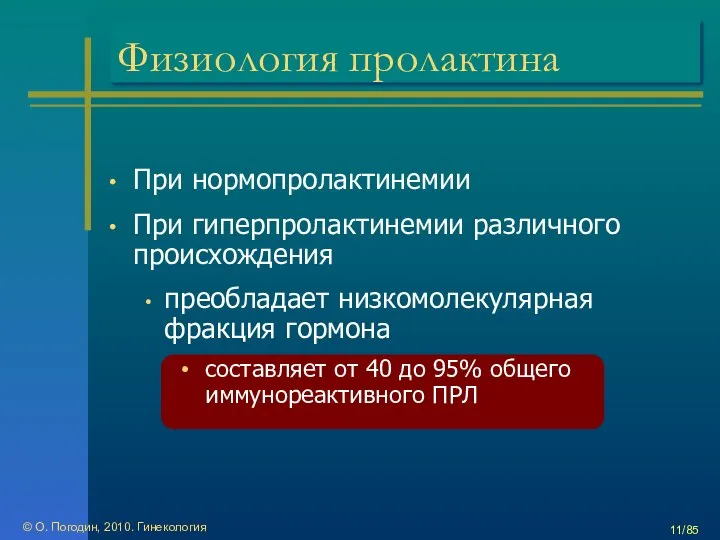 © О. Погодин, 2010. Гинекология /85 Физиология пролактина При нормопролактинемии При