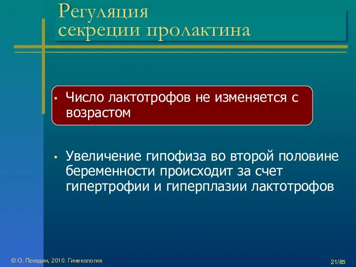 © О. Погодин, 2010. Гинекология /85 Регуляция секреции пролактина Число лактотрофов