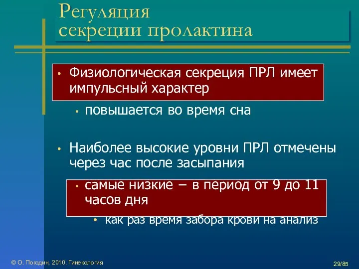 © О. Погодин, 2010. Гинекология /85 Регуляция секреции пролактина Физиологическая секреция