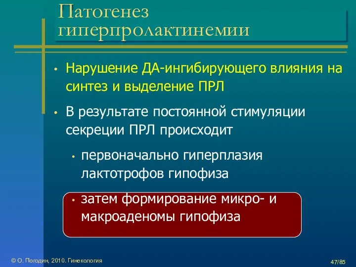 © О. Погодин, 2010. Гинекология /85 Патогенез гиперпролактинемии Нарушение ДА-ингибирующего влияния