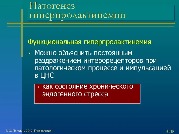 © О. Погодин, 2010. Гинекология /85 Патогенез гиперпролактинемии Функциональная гиперпролактинемия Можно