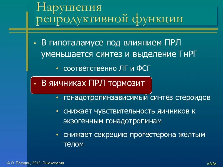 © О. Погодин, 2010. Гинекология /85 Нарушения репродуктивной функции В гипоталамусе