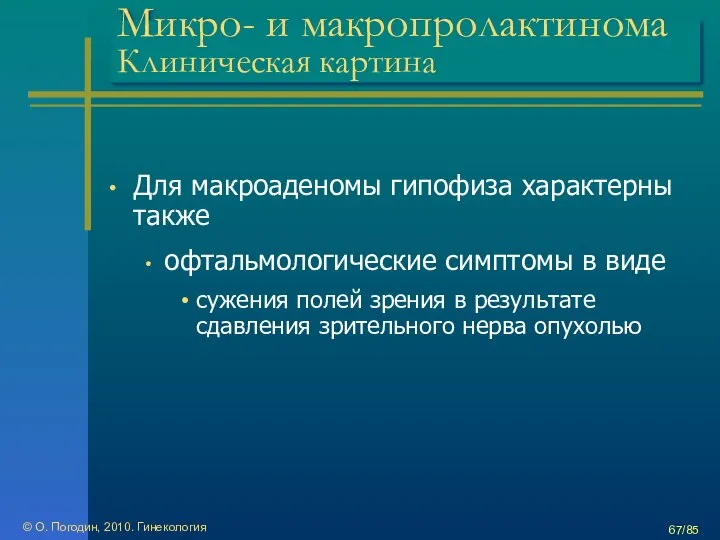 © О. Погодин, 2010. Гинекология /85 Микро- и макропролактинома Клиническая картина