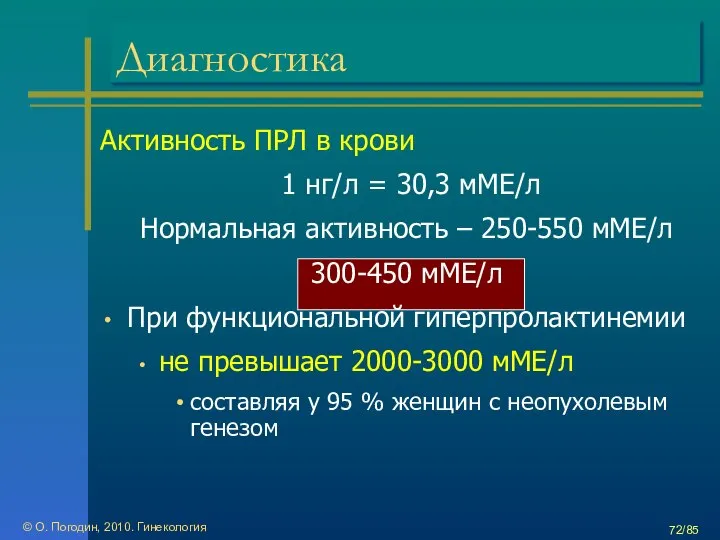 © О. Погодин, 2010. Гинекология /85 Диагностика Активность ПРЛ в крови