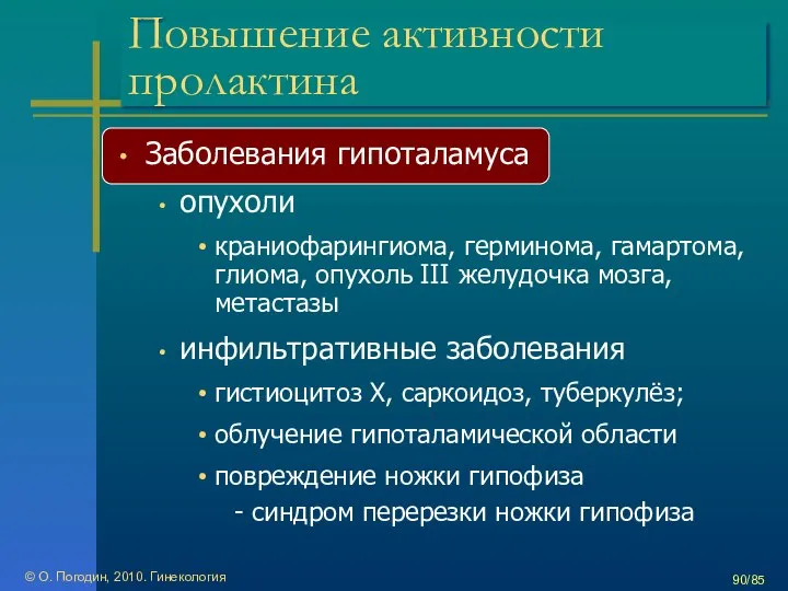 Повышение активности пролактина Заболевания гипоталамуса опухоли краниофарингиома, герминома, гамартома, глиома, опухоль