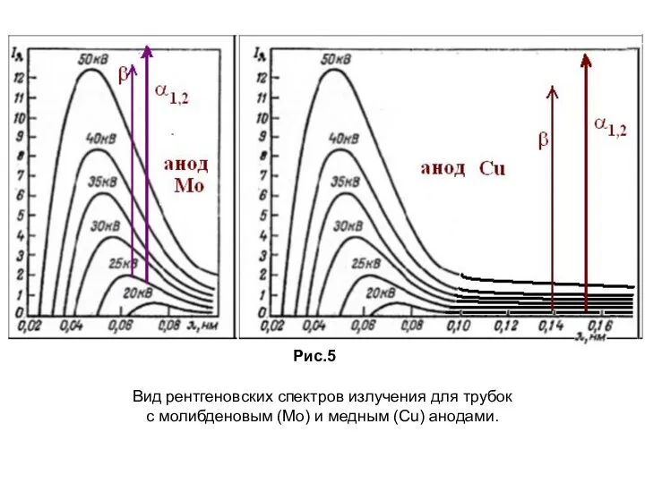 Рис.5 Вид рентгеновских спектров излучения для трубок с молибденовым (Mo) и медным (Cu) анодами.