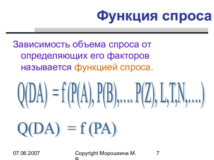 07.06.2007 Copyright Морошкина М.В. Функция спроса Q(DA) = f (P(A), P(B),….