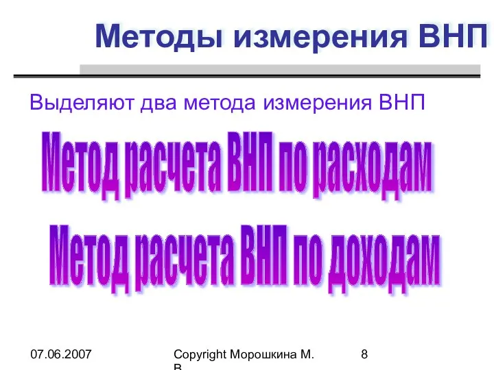07.06.2007 Copyright Морошкина М.В. Методы измерения ВНП Выделяют два метода измерения
