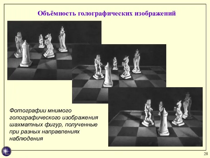 Объёмность голографических изображений Фотографии мнимого голографического изображения шахматных фигур, полученные при разных направлениях наблюдения