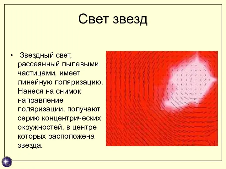 Свет звезд Звездный свет, рассеянный пылевыми частицами, имеет линейную поляризацию. Нанеся