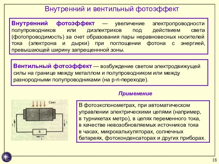 Внутренний и вентильный фотоэффект Применение