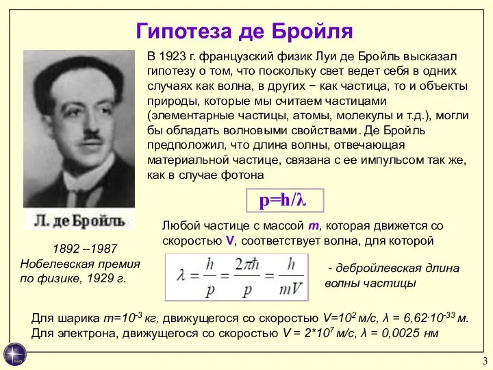 1892 –1987 Нобелевская премия по физике, 1929 г. В 1923 г.