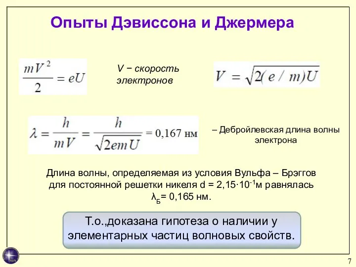 V − скорость электронов Опыты Дэвиссона и Джермера Длина волны, определяемая