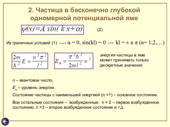 2. Частица в бесконечно глубокой одномерной потенциальной яме Из граничных условий