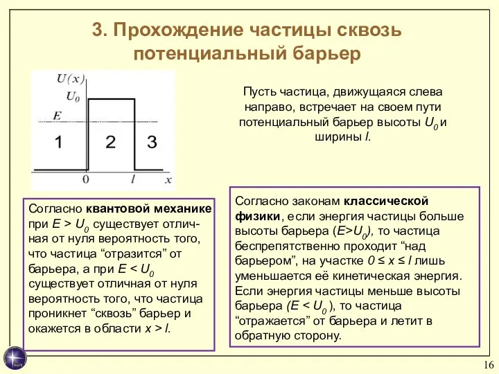 3. Прохождение частицы сквозь потенциальный барьер Согласно законам классической физики, если