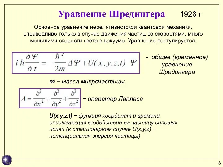 Уравнение Шредингера 1926 г. Основное уравнение нерелятивистской квантовой механики, справедливо только