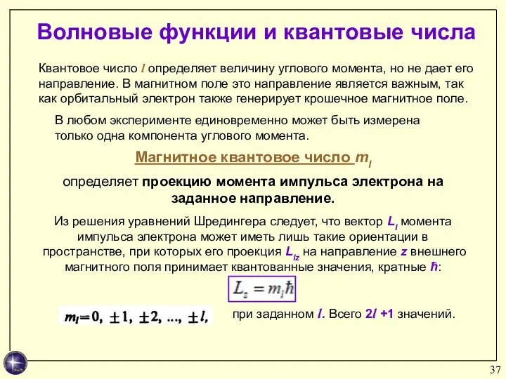 Волновые функции и квантовые числа Магнитное квантовое число ml определяет проекцию