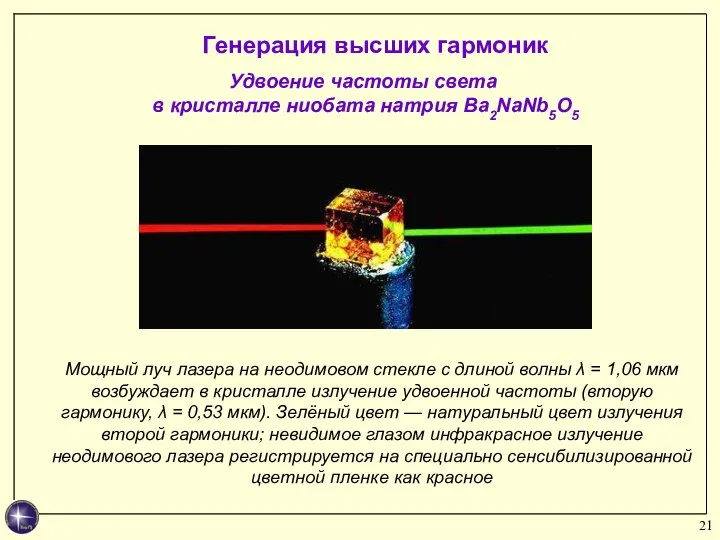 Генерация высших гармоник Мощный луч лазера на неодимовом стекле с длиной