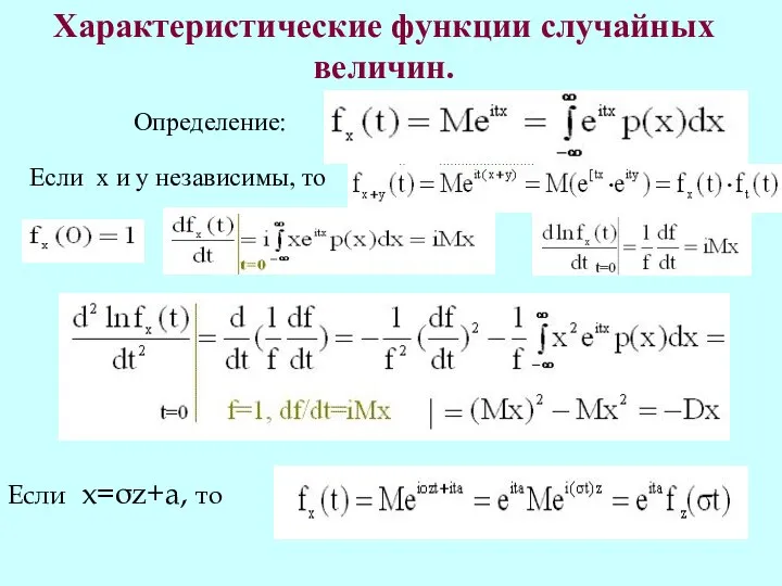 Характеристические функции случайных величин. Определение: Если х и у независимы, то Если x=σz+a, то