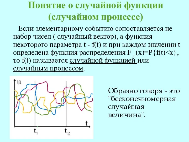 Понятие о случайной функции (случайном процессе) Если элементарному событию сопоставляется не