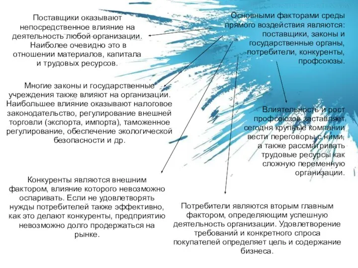 Основными факторами среды прямого воздействия являются: поставщики, законы и государственные органы,